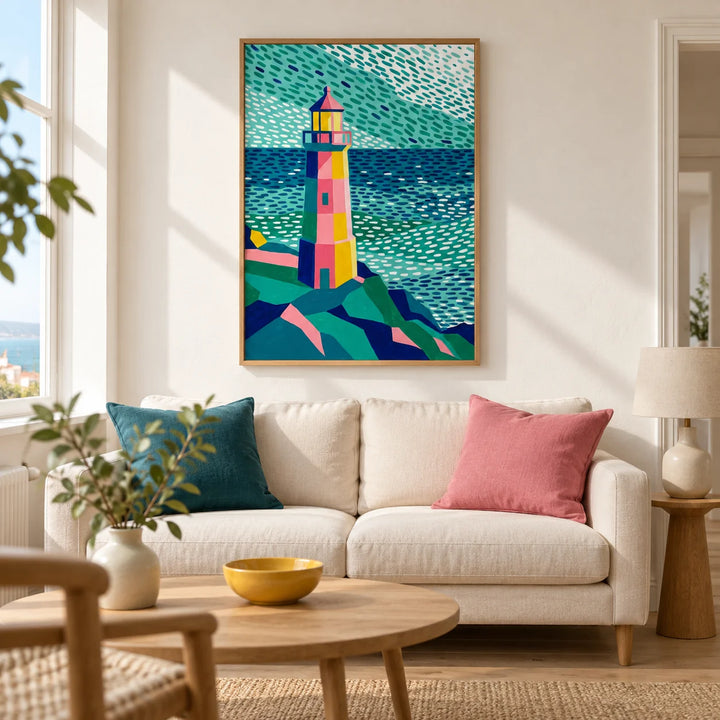 Colourful Lighthouse Print, framed on the wall of a bright modern living room in a UK coastal terrace with warm white plaster walls and pale oak floorboards