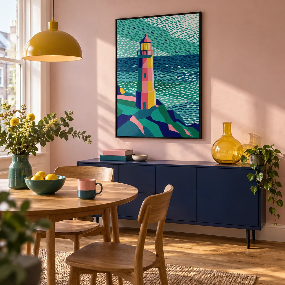 Colourful Lighthouse Print, framed on the wall of a colourful contemporary dining room in a UK town flat with a pale pink wall and an oak floor