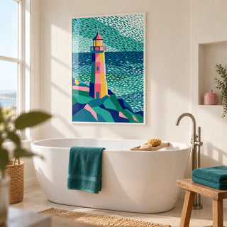 Colourful Lighthouse Print, framed on the wall of a fresh modern bathroom in a UK seaside home with a warm white wall