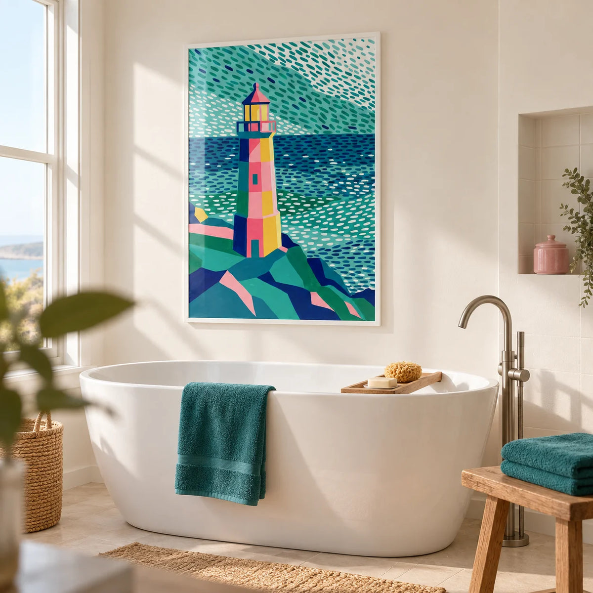Colourful Lighthouse Print, framed on the wall of a fresh modern bathroom in a UK seaside home with a warm white wall