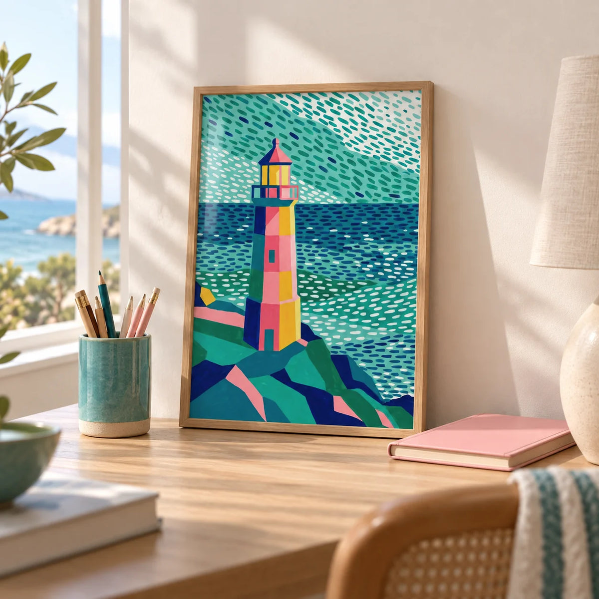 Colourful Lighthouse Print, a small A4 framed print leaning on a pale oak desk