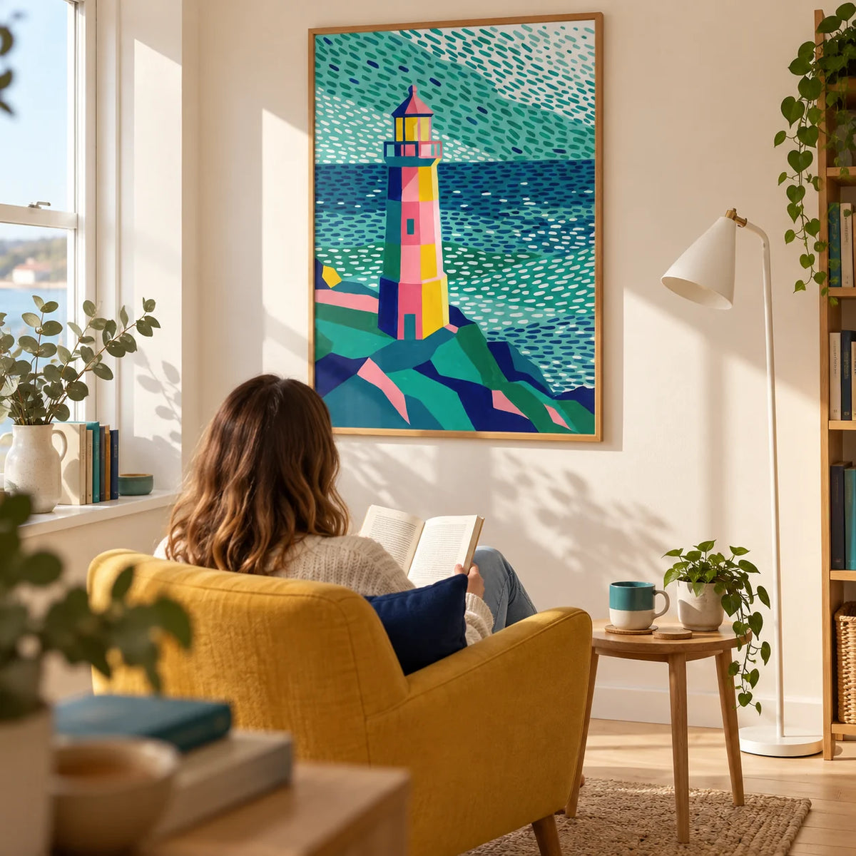 Colourful Lighthouse Print, framed on the wall of a sunny reading corner in a UK first flat for a coastal-art lover (25-35) in a living room