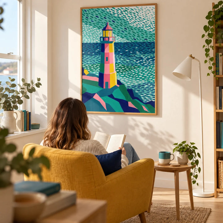 Colourful Lighthouse Print, framed on the wall of a sunny reading corner in a UK first flat for a coastal-art lover (25-35) in a living room