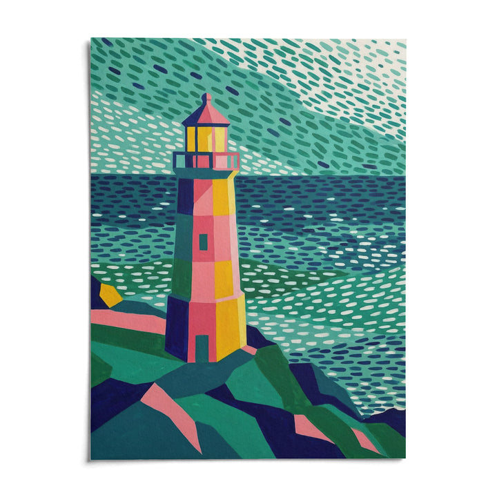 Colourful Lighthouse Print, shown as an unframed paper print on a plain white background