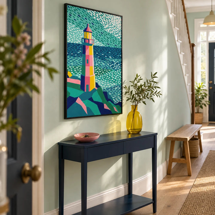 Colourful Lighthouse Print, framed on the wall of a welcoming hallway in a renovated UK terraced house with a pale mint wall and simple oak floorboards