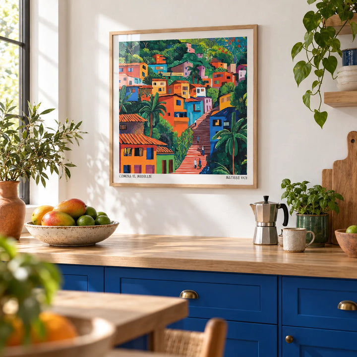 Comuna 13 Art, framed on the wall of a bright kitchen with cobalt blue painted cabinets and a pale oak worktop