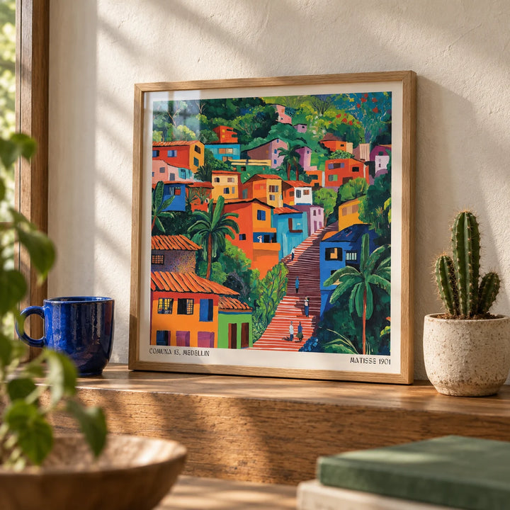 Comuna 13 Art, a small A4 framed print leaning on a wooden shelf in a living room