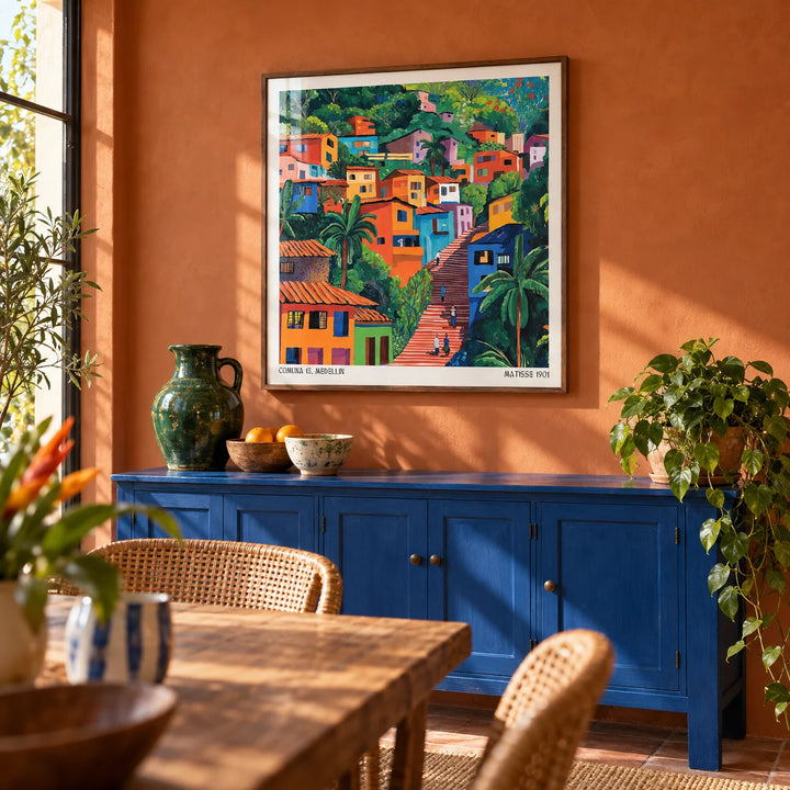 Comuna 13 Art, framed on the wall of a sunny dining room with a warm terracotta limewash wall