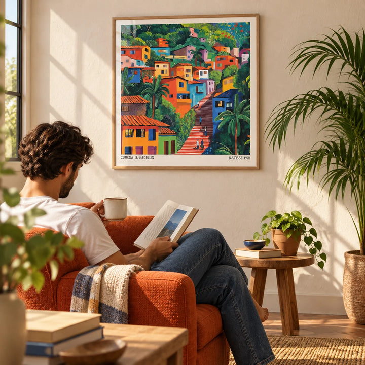 Comuna 13 Art, framed on the wall of a sunny reading corner with a warm white plaster wall in a living room