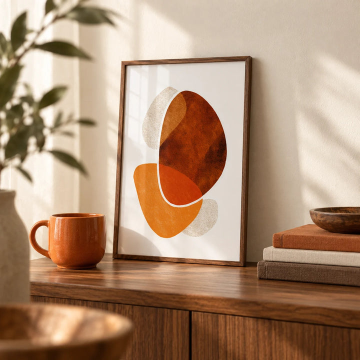 Contemporary Abstract Poster, a small A4 framed print leaning on a walnut shelf in a living room