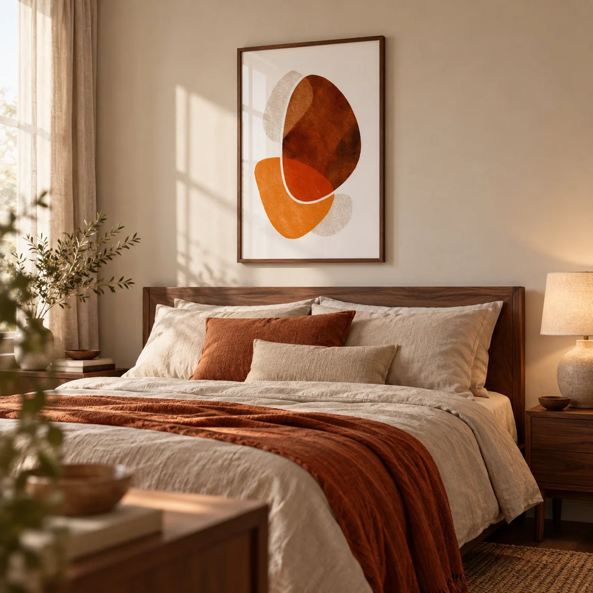 Contemporary Abstract Poster, framed on the wall of a warm calm bedroom
