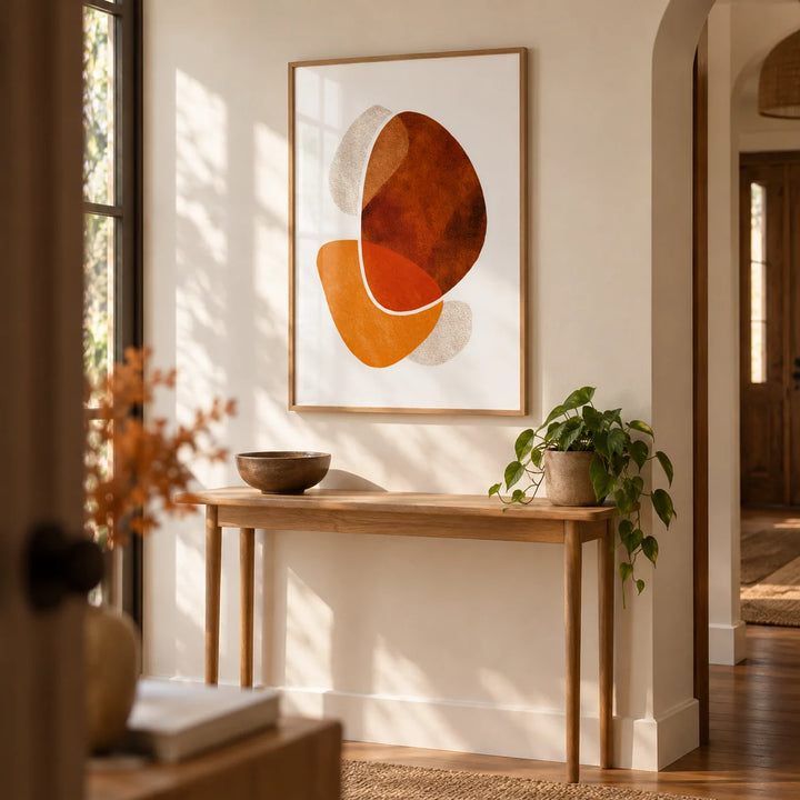 Contemporary Abstract Poster, framed on the wall of a warm hallway