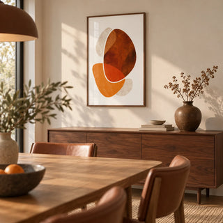 Contemporary Abstract Poster, framed on the wall of a warm modern dining room