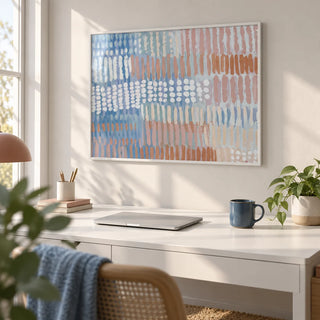Contemporary Abstract Print, framed on the wall of a bright home office