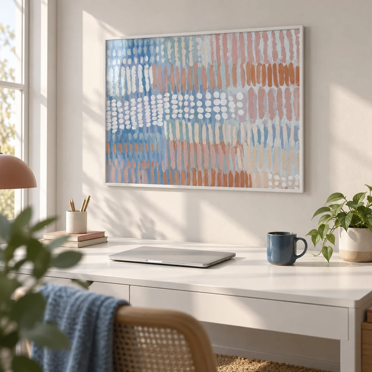 Contemporary Abstract Print, framed on the wall of a bright home office