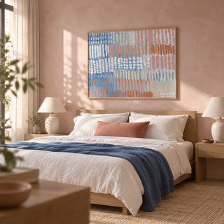 Contemporary Abstract Print, framed on the wall of a calm bedroom with a soft dusty pink limewashed wall