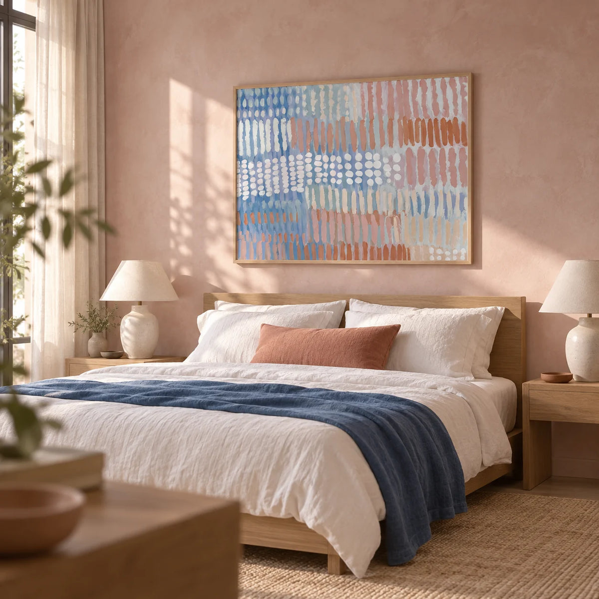 Contemporary Abstract Print, framed on the wall of a calm bedroom with a soft dusty pink limewashed wall