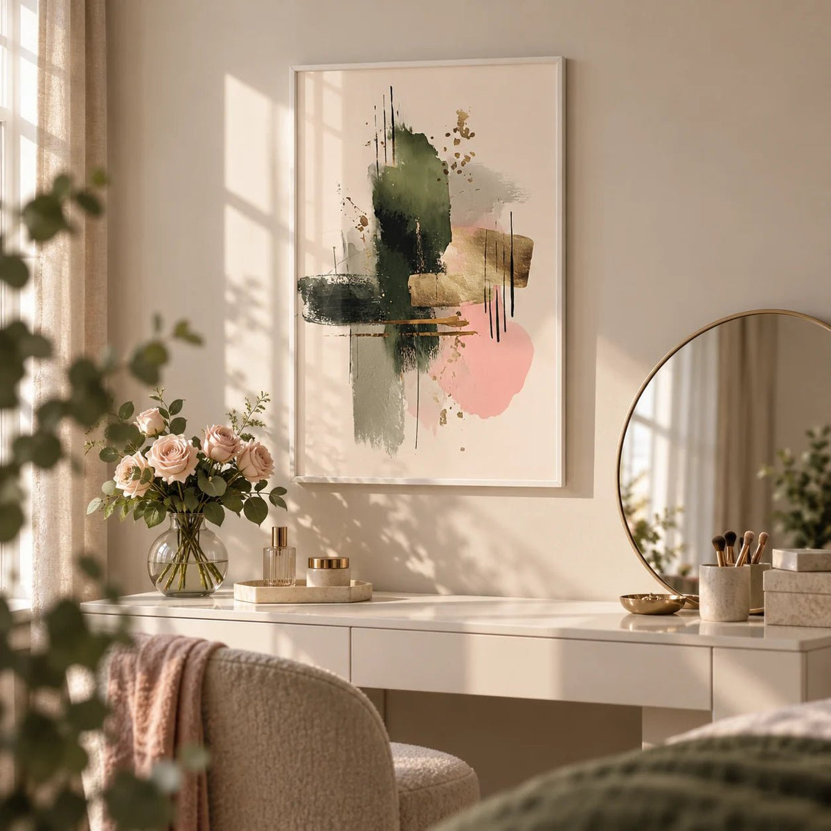 Contemporary Art Poster, framed on the wall of a calm bedroom dressing table