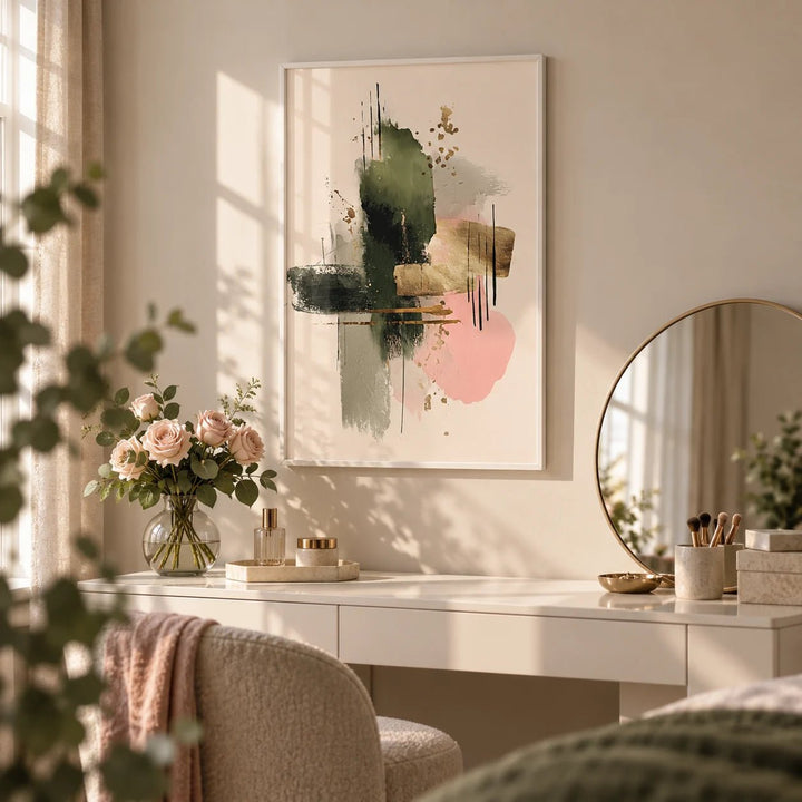 Contemporary Art Poster, framed on the wall of a calm bedroom dressing table