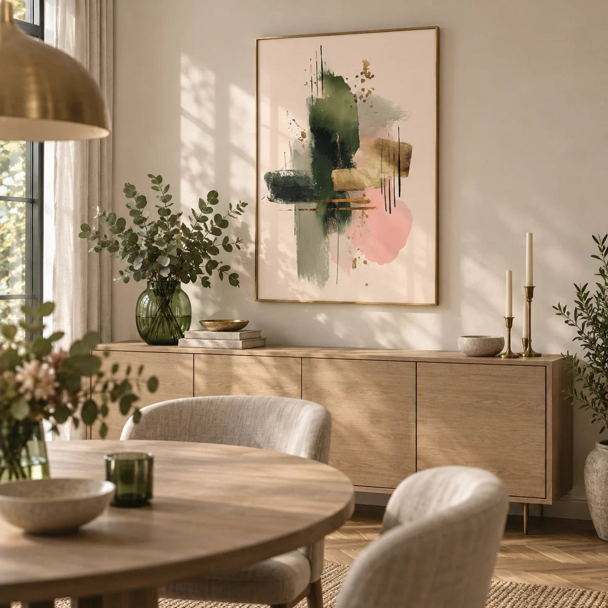 Contemporary Art Poster, framed on the wall of a elegant dining room
