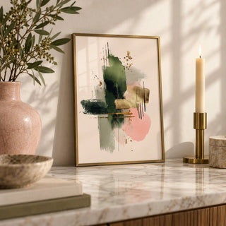 Contemporary Art Poster, a small A4 framed print leaning on a marble side table in a hallway