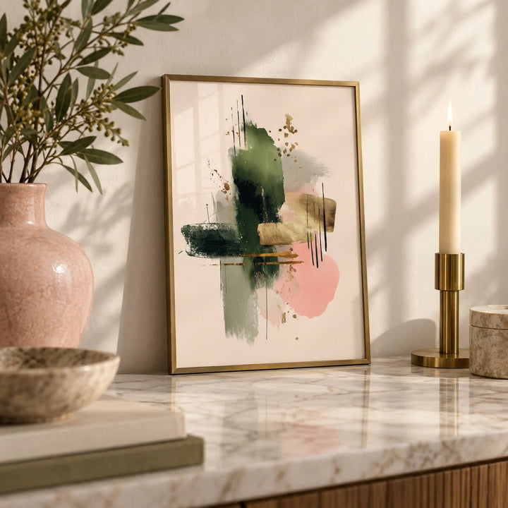 Contemporary Art Poster, a small A4 framed print leaning on a marble side table in a hallway