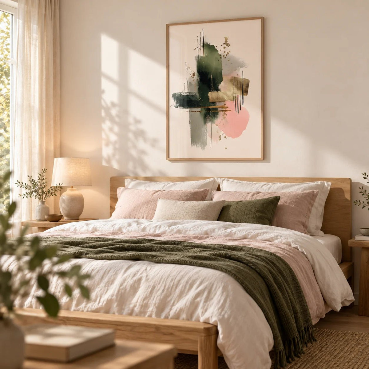 Contemporary Art Poster, framed on the wall of a soft calm bedroom