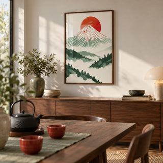 Contemporary Japanese Prints, framed on the wall of a calm dining room