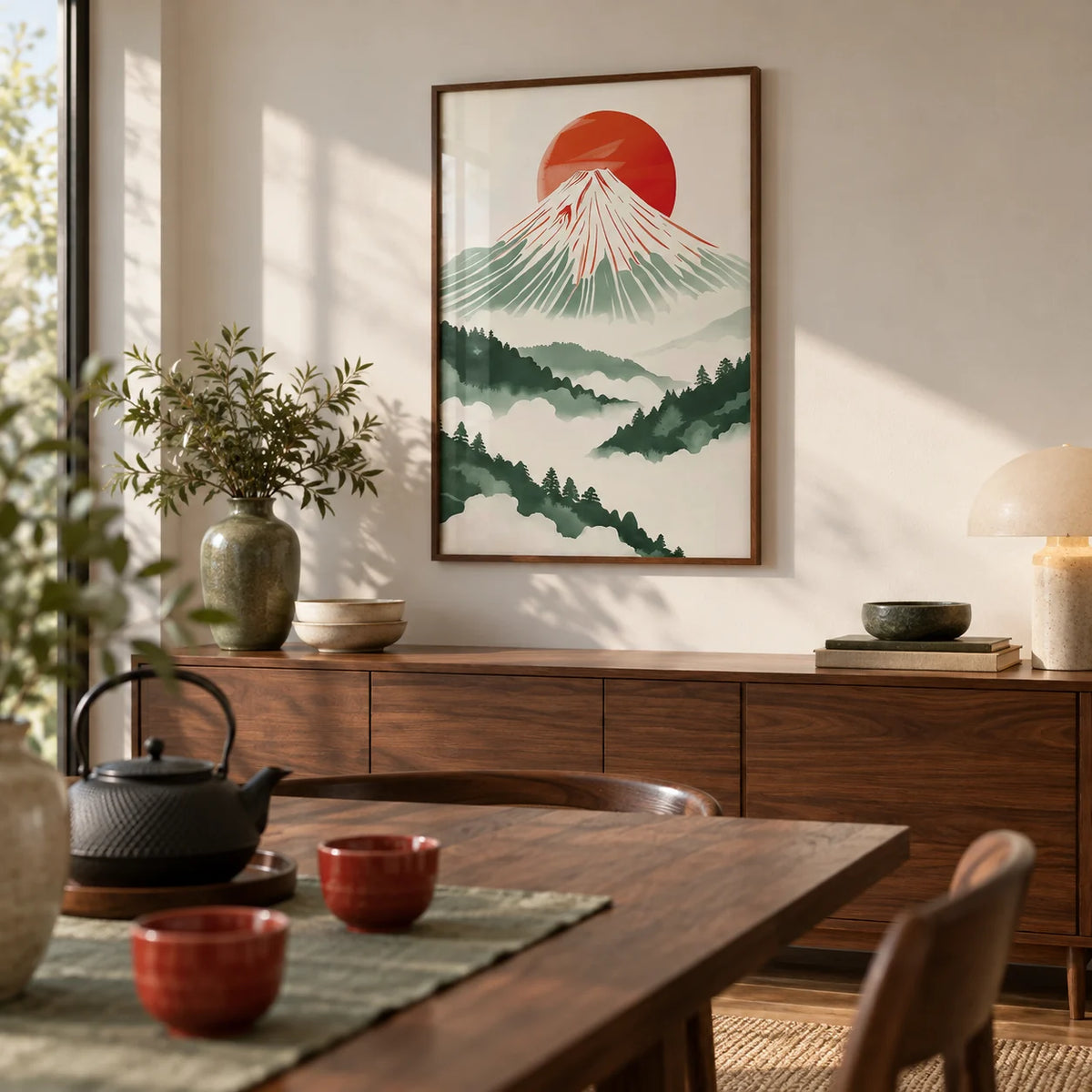 Contemporary Japanese Prints, framed on the wall of a calm dining room
