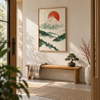 Contemporary Japanese Prints, framed on the wall of a calm entryway
