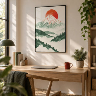 Contemporary Japanese Prints, framed on the wall of a quiet minimal home office