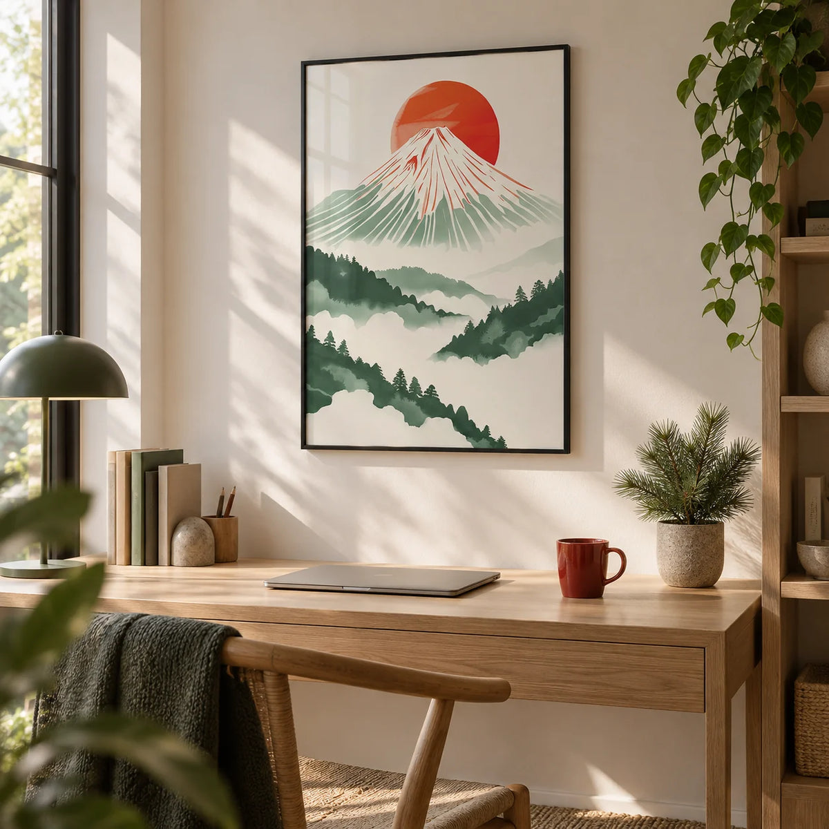 Contemporary Japanese Prints, framed on the wall of a quiet minimal home office