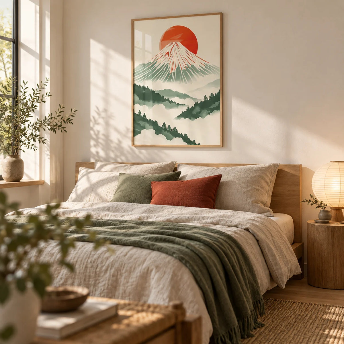 Contemporary Japanese Prints, framed on the wall of a serene bedroom