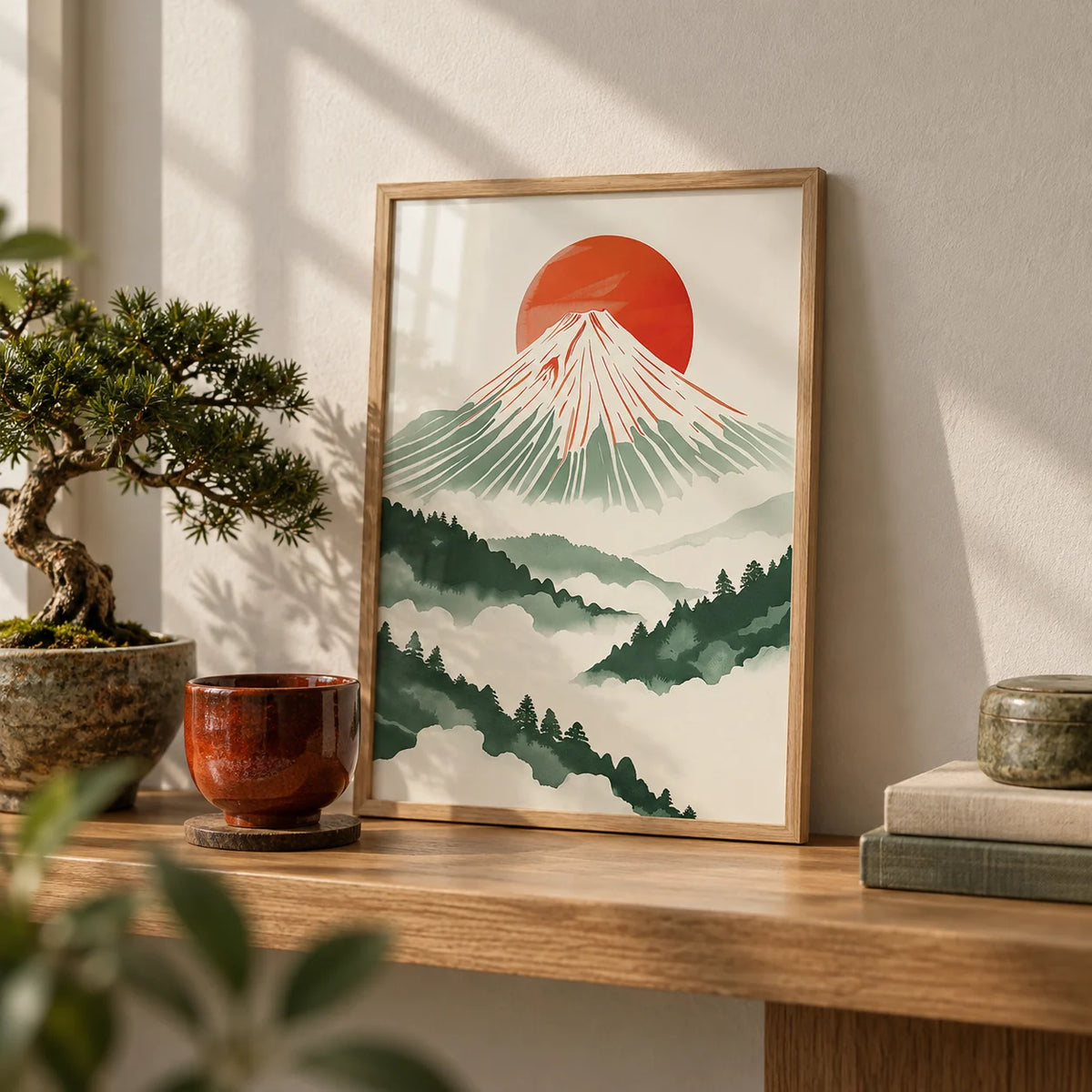 Contemporary Japanese Prints, a small A4 framed print leaning on an oak shelf in a living room