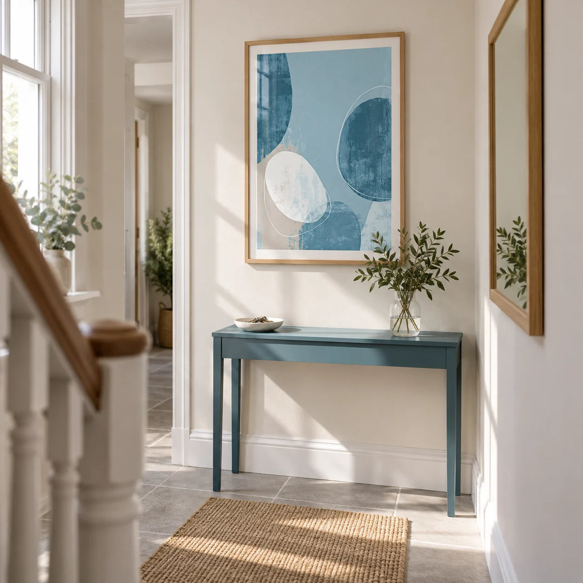 Contemporary Pattern Poster, framed on the wall of a bright narrow hallway in a renovated UK terrace with a warm white wall and pale grey stone flooring