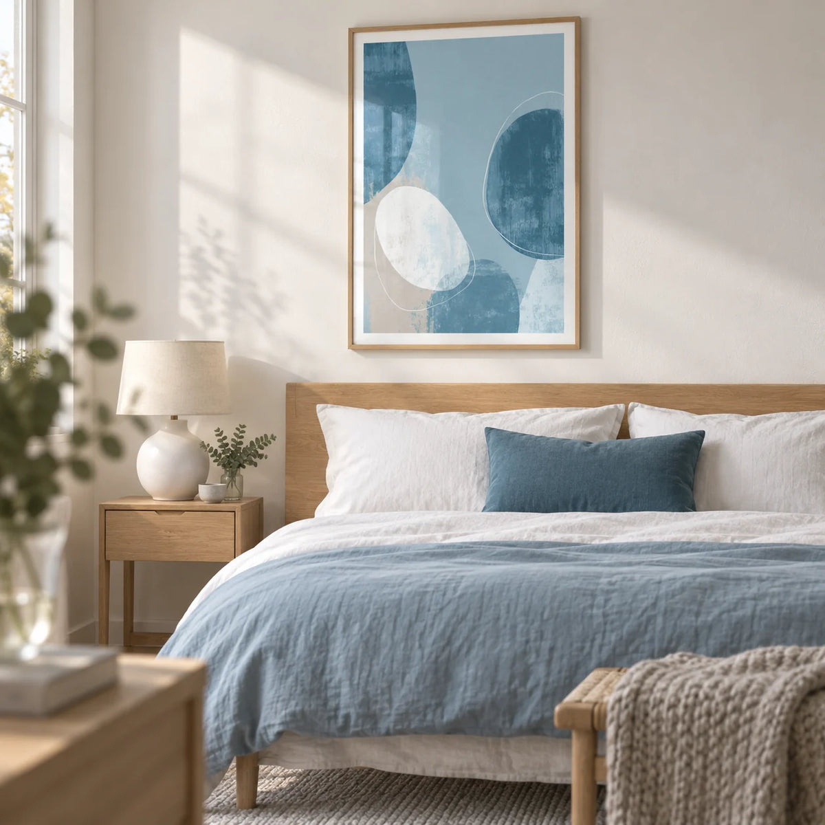 Contemporary Pattern Poster, framed on the wall of a calm contemporary bedroom with a soft white wall