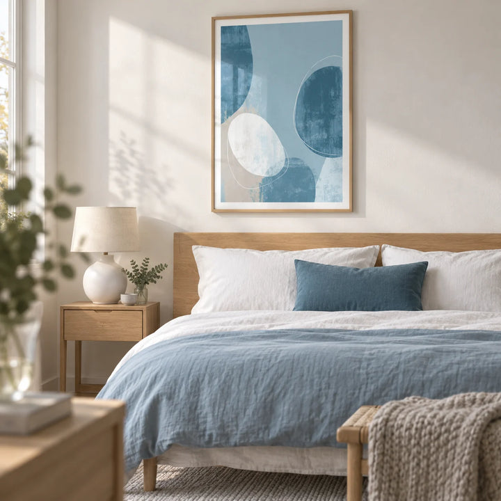 Contemporary Pattern Poster, framed on the wall of a calm contemporary bedroom with a soft white wall