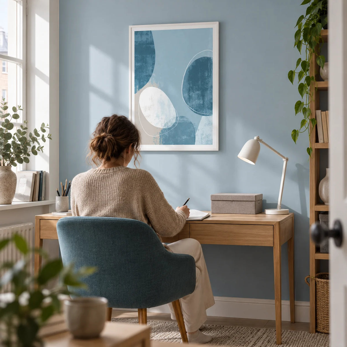 Contemporary Pattern Poster, framed on the wall of a compact home study in a design-conscious UK flat with a powder-blue wall