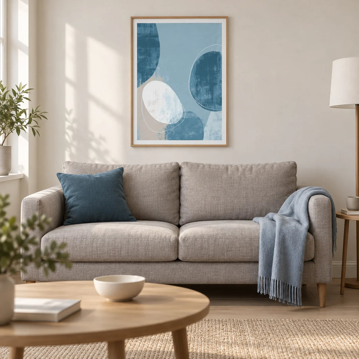 Contemporary Pattern Poster, framed on the wall of a contemporary living room in a UK flat with a warm white wall and pale oak flooring