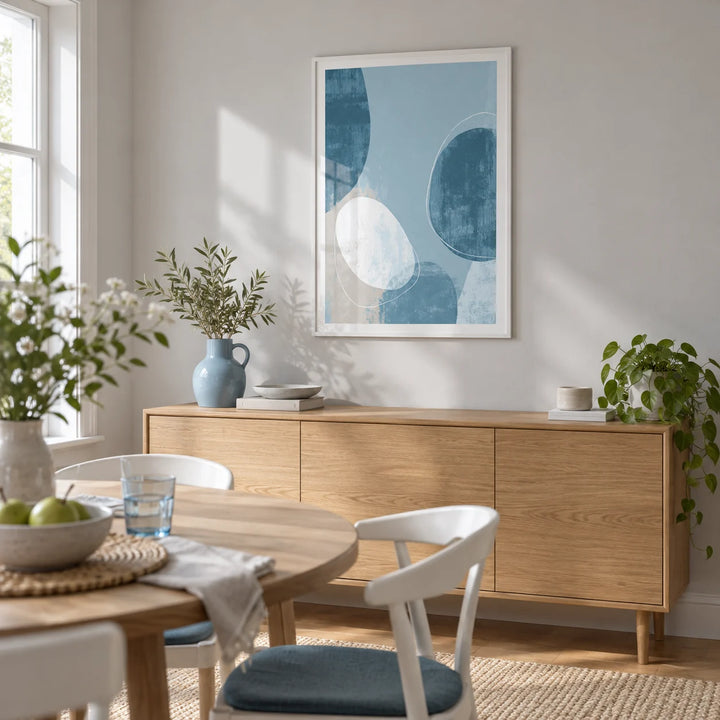 Contemporary Pattern Poster, framed on the wall of a light modern dining room in a UK terraced house with a pale grey wall