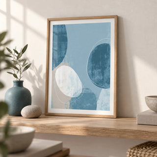 Contemporary Pattern Poster, a small A4 framed print leaning on a pale oak shelf in a living room