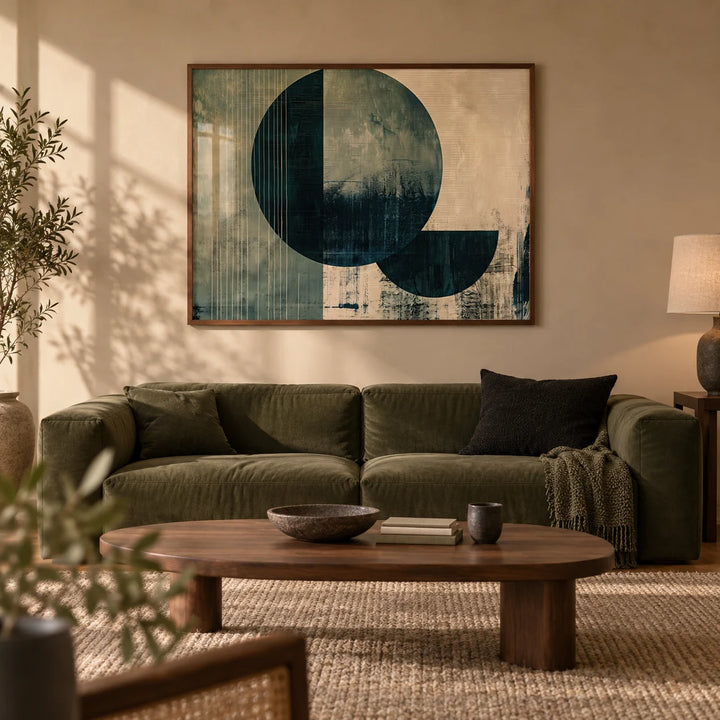 Contemporary Poster Art, framed on the wall of an earthy modern living room with a warm sand wall