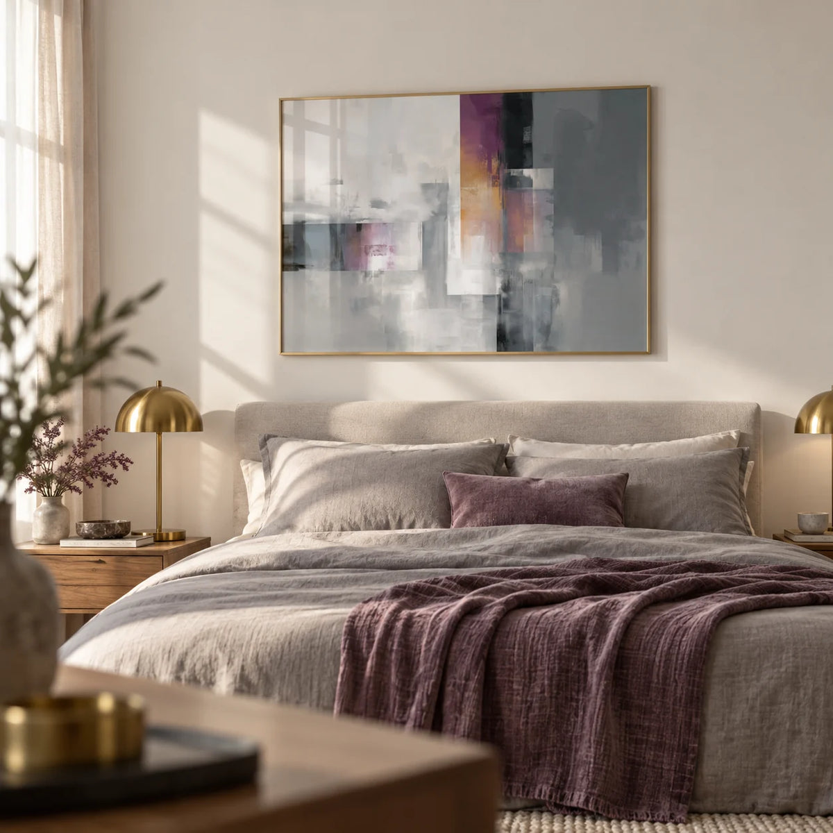 Contemporary Poster, framed on the wall of a calm bedroom with a warm white wall