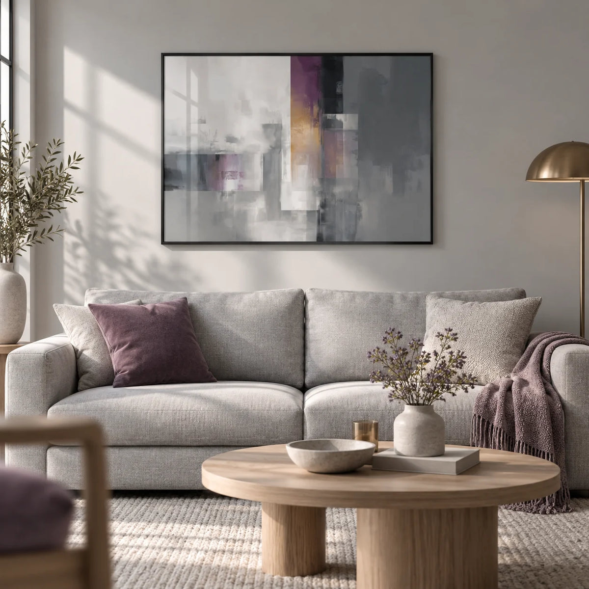Contemporary Poster, framed on the wall of a calm modern living room with a soft grey wall