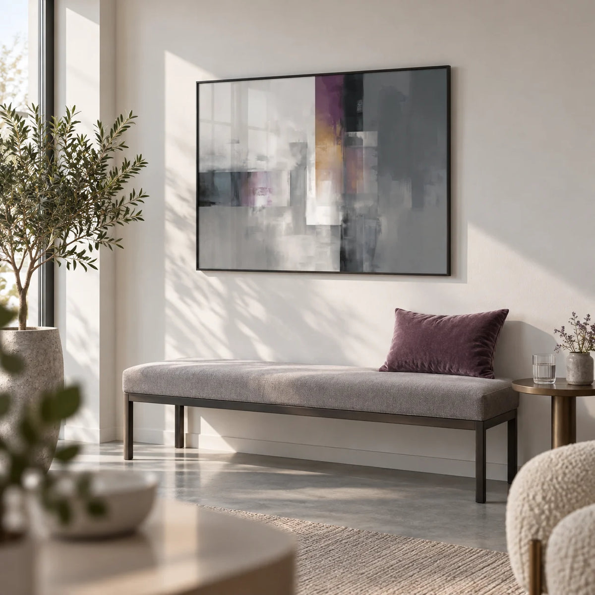 Contemporary Poster, framed on the wall of a calm therapy or beauty clinic waiting area with a white wall