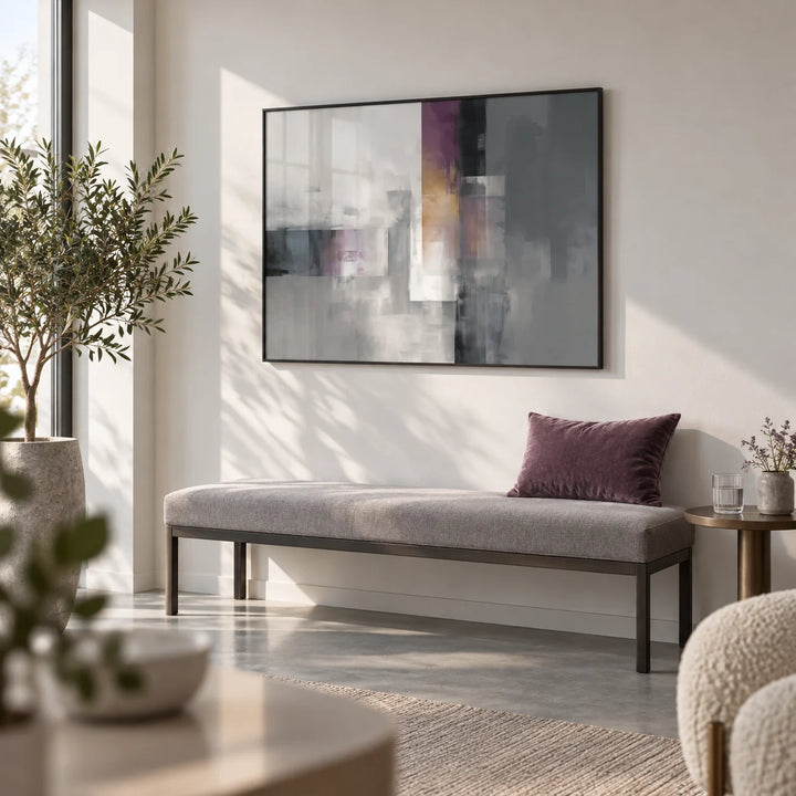 Contemporary Poster, framed on the wall of a calm therapy or beauty clinic waiting area with a white wall
