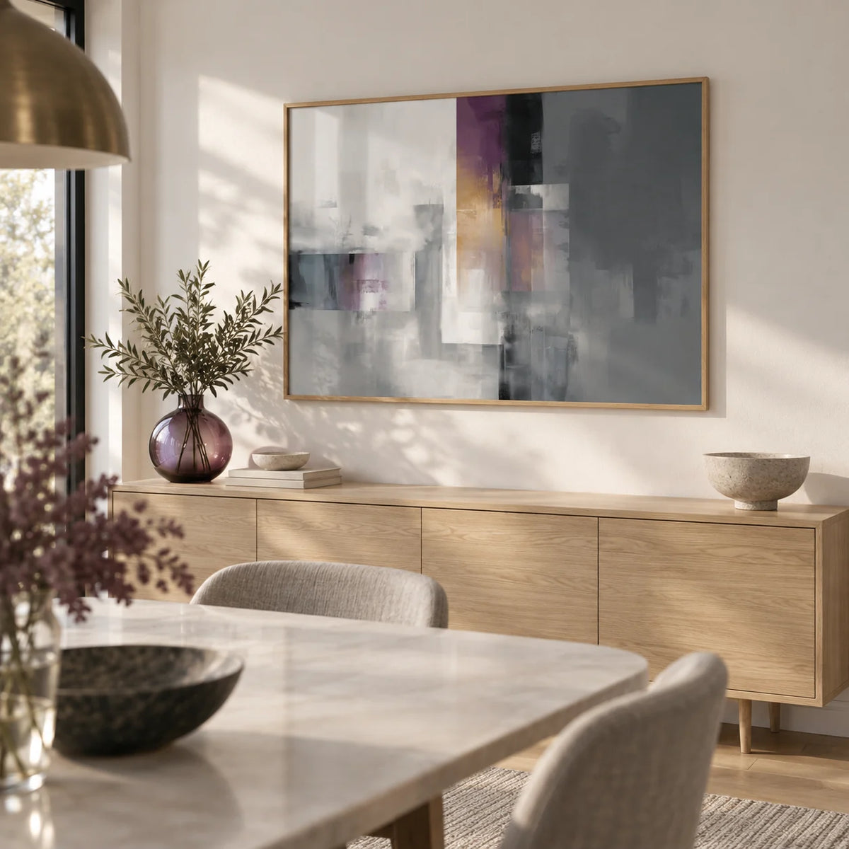 Contemporary Poster, framed on the wall of a modern dining room with a white wall