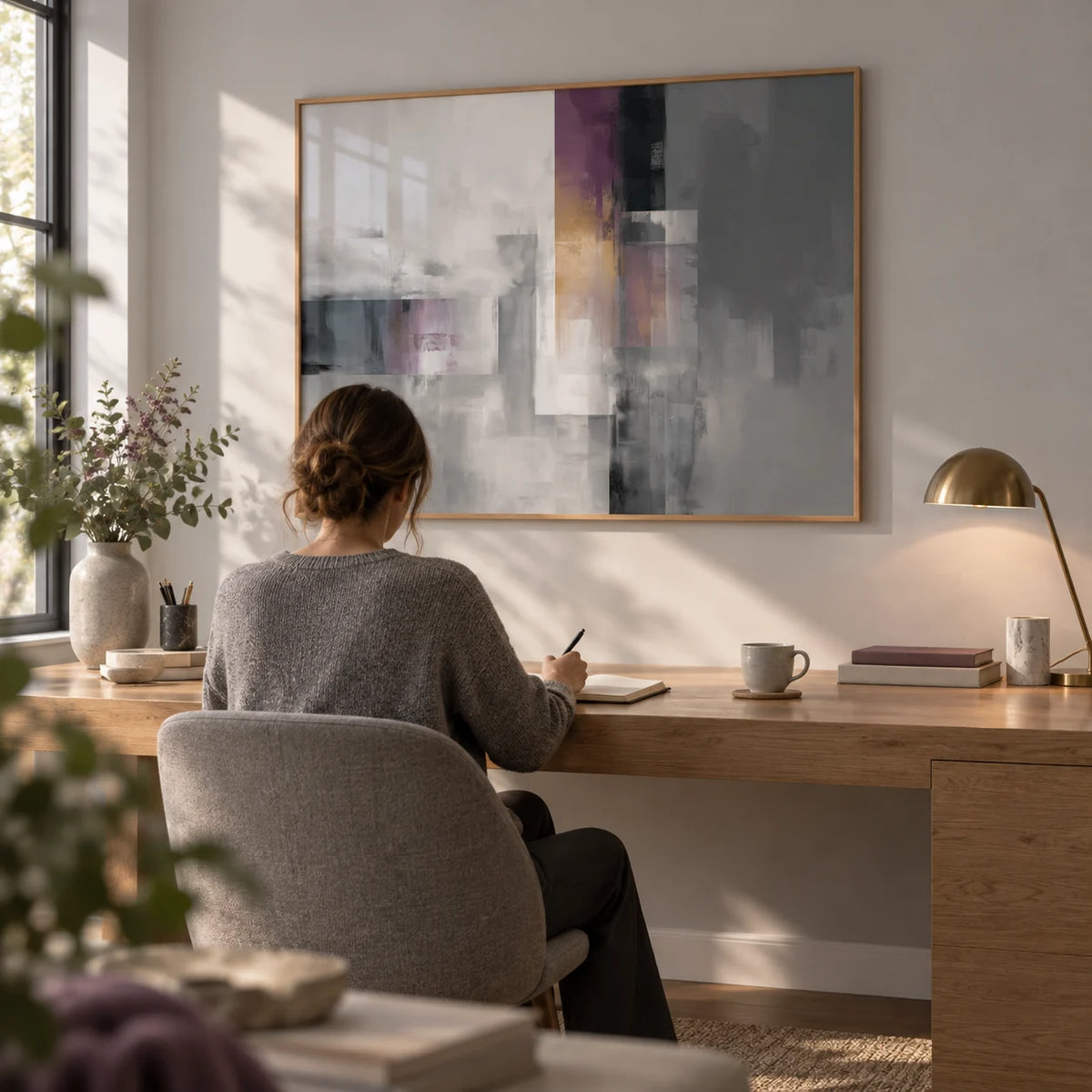 Contemporary Poster, framed on the wall of a quiet home office with a pale grey wall