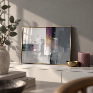 Contemporary Poster, a small A4 framed print leaning on a white sideboard in a living room