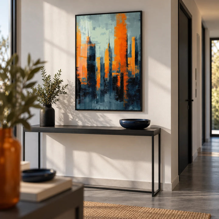 Contemporary Urban Art, framed on the wall of a modern hallway with a white wall and a grey floor